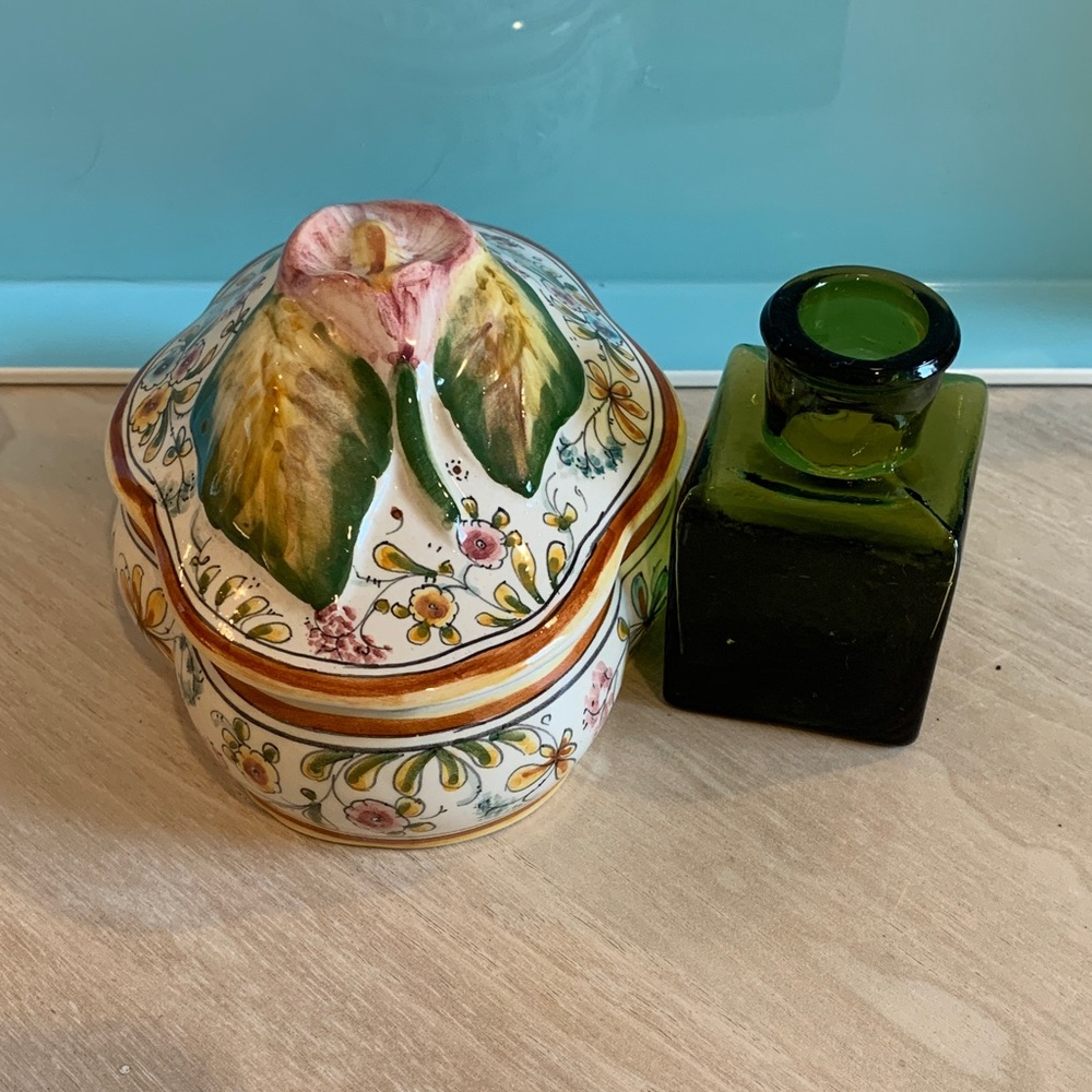 Floral Ceramic Hand painted Trinket Box made in Portugal with Green Glass Bottle